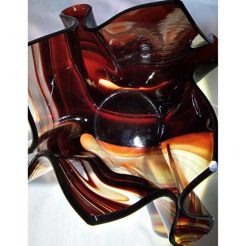 Tony Serveinte Glass Blown Folded Handkerchief Swirl Vase Signed Brown/Clear - Picture 13 of 15
